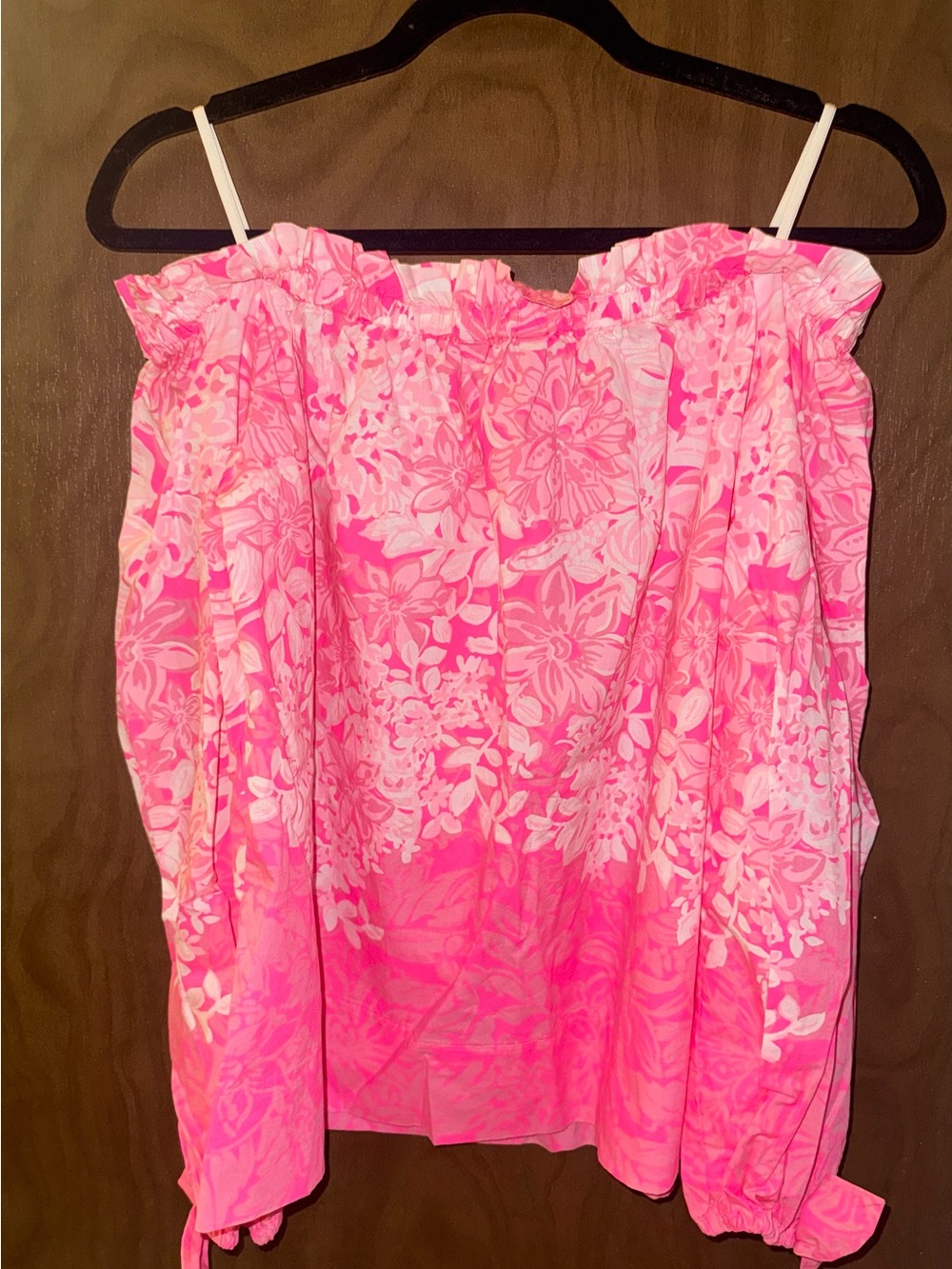 Lilly Pulitzer Pink Floral Off The Shoulder Cotton Blouse Tie Sleeve M NEW - Picture 6 of 6
